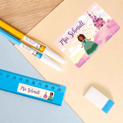 SEO. Schuletiketten mit Namen - Prinzessin Design - 100 Aufkleber in verschiedenen Größen - Grün Linkreich