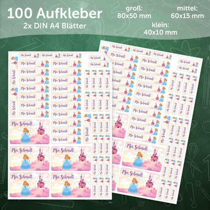 SEO. Schuletiketten mit Namen - Prinzessin Design - 100 Aufkleber in verschiedenen Größen - Blau Linkreich