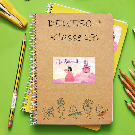 SEO. Schuletiketten mit Namen - Prinzessin Design - 100 Aufkleber in verschiedenen Größen - Rosa Linkreich