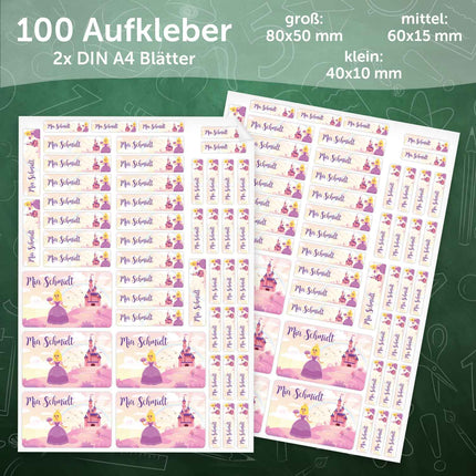SEO. Schuletiketten mit Namen - Prinzessin Design - 100 Aufkleber in verschiedenen Größen - Lila Linkreich