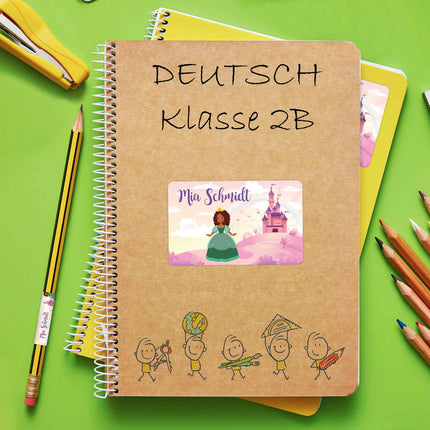 SEO. Schuletiketten mit Namen - Prinzessin Design - 100 Aufkleber in verschiedenen Größen - Grün Linkreich