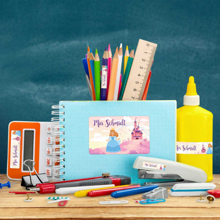 SEO. Schuletiketten mit Namen - Prinzessin Design - 100 Aufkleber in verschiedenen Größen - Blau Linkreich