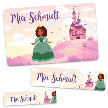 SEO. Schuletiketten mit Namen - Prinzessin Design - 100 Aufkleber in verschiedenen Größen - Grün Linkreich