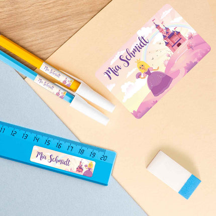SEO. Schuletiketten mit Namen - Prinzessin Design - 100 Aufkleber in verschiedenen Größen - Blau Linkreich