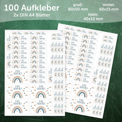 SEO. Schuletiketten mit Namen - Regenbogen Design - 100 Aufkleber in verschiedenen Größen - Blau Linkreich
