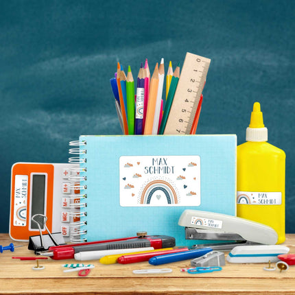 SEO. Schuletiketten mit Namen - Regenbogen Design - 100 Aufkleber in verschiedenen Größen - Blau Linkreich