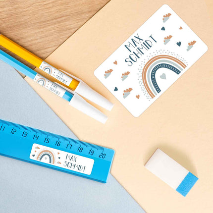 SEO. Schuletiketten mit Namen - Regenbogen Design - 100 Aufkleber in verschiedenen Größen - Blau Linkreich