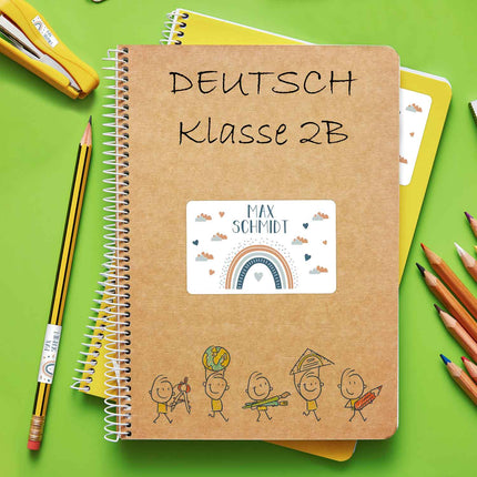 SEO. Schuletiketten mit Namen - Regenbogen Design - 100 Aufkleber in verschiedenen Größen - Blau Linkreich