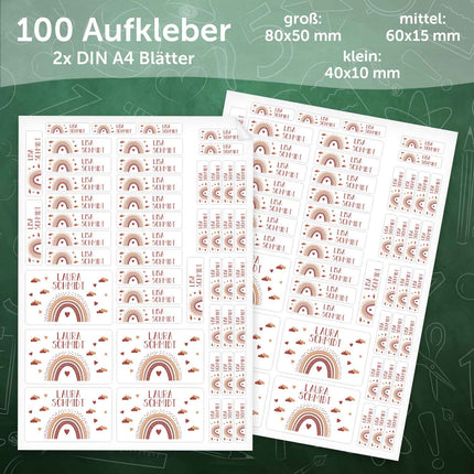 SEO. Schuletiketten mit Namen - Regenbogen Design - 100 Aufkleber in verschiedenen Größen - Rot Linkreich