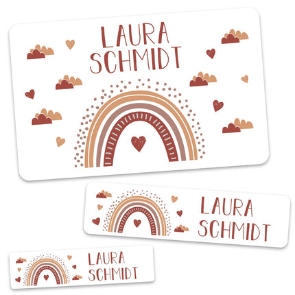 SEO. Schuletiketten mit Namen - Regenbogen Design - 100 Aufkleber in verschiedenen Größen - Rot Linkreich