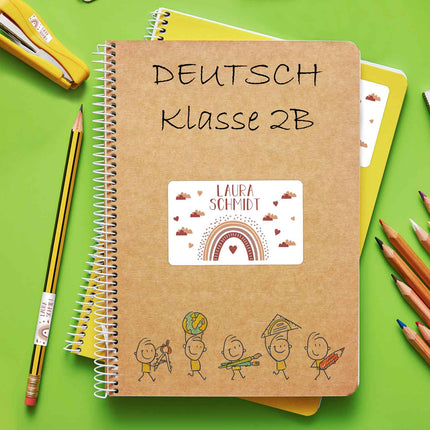 SEO. Schuletiketten mit Namen - Regenbogen Design - 100 Aufkleber in verschiedenen Größen - Rot Linkreich