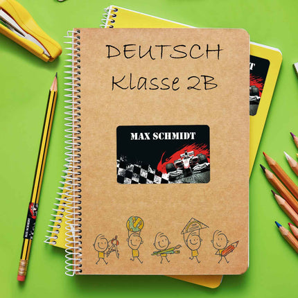 SEO. Schuletiketten mit Namen - Rennwagen Design - 100 Aufkleber in verschiedenen Größen - Linkreich