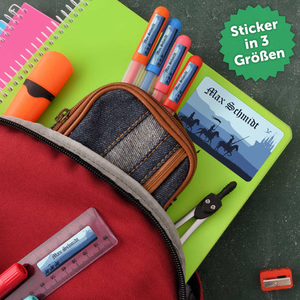 SEO. Schuletiketten mit Namen - Ritter Design - 100 Aufkleber in verschiedenen Größen - Blau Linkreich