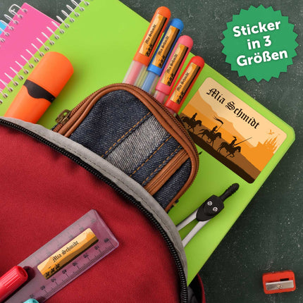 SEO. Schuletiketten mit Namen - Ritter Design - 100 Aufkleber in verschiedenen Größen - Orange Linkreich