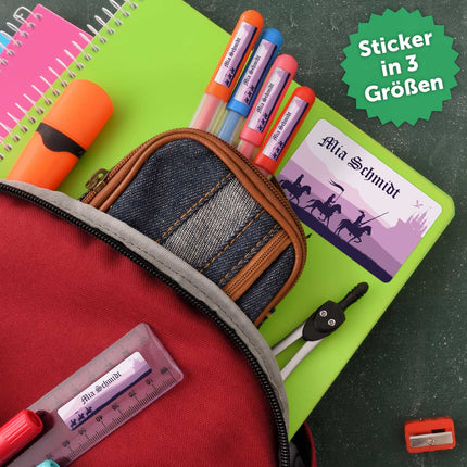 SEO. Schuletiketten mit Namen - Ritter Design - 100 Aufkleber in verschiedenen Größen - Lila Linkreich