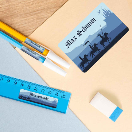 SEO. Schuletiketten mit Namen - Ritter Design - 100 Aufkleber in verschiedenen Größen - Blau Linkreich