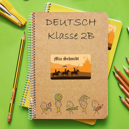 SEO. Schuletiketten mit Namen - Ritter Design - 100 Aufkleber in verschiedenen Größen - Orange Linkreich