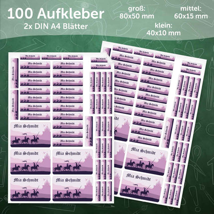 SEO. Schuletiketten mit Namen - Ritter Design - 100 Aufkleber in verschiedenen Größen - Lila Linkreich