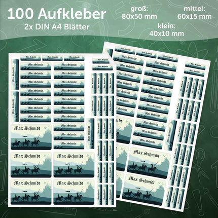 SEO. Schuletiketten mit Namen - Ritter Design - 100 Aufkleber in verschiedenen Größen - Grün Linkreich