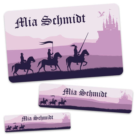 SEO. Schuletiketten mit Namen - Ritter Design - 100 Aufkleber in verschiedenen Größen - Lila Linkreich