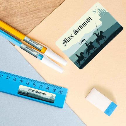 SEO. Schuletiketten mit Namen - Ritter Design - 100 Aufkleber in verschiedenen Größen - Blau Linkreich