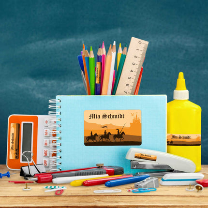 SEO. Schuletiketten mit Namen - Ritter Design - 100 Aufkleber in verschiedenen Größen - Orange Linkreich