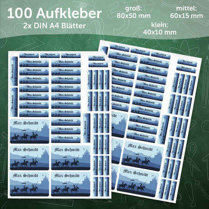 SEO. Schuletiketten mit Namen - Ritter Design - 100 Aufkleber in verschiedenen Größen - Blau Linkreich