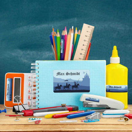 SEO. Schuletiketten mit Namen - Ritter Design - 100 Aufkleber in verschiedenen Größen - Blau Linkreich