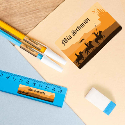 SEO. Schuletiketten mit Namen - Ritter Design - 100 Aufkleber in verschiedenen Größen - Orange Linkreich