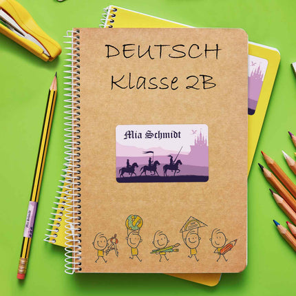 SEO. Schuletiketten mit Namen - Ritter Design - 100 Aufkleber in verschiedenen Größen - Lila Linkreich