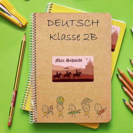 SEO. Schuletiketten mit Namen - Ritter Design - 100 Aufkleber in verschiedenen Größen - Rot Linkreich
