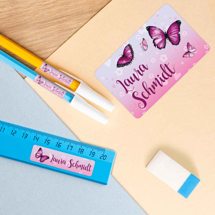 SEO. Schuletiketten mit Namen - Schmetterling Design - 100 Aufkleber in verschiedenen Größen - Linkreich