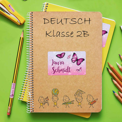 SEO. Schuletiketten mit Namen - Schmetterling Design - 100 Aufkleber in verschiedenen Größen - Linkreich