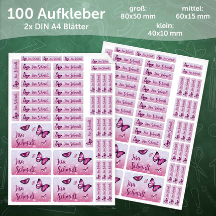 SEO. Schuletiketten mit Namen - Schmetterling Design - 100 Aufkleber in verschiedenen Größen - Linkreich