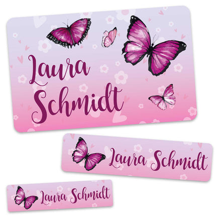 SEO. Schuletiketten mit Namen - Schmetterling Design - 100 Aufkleber in verschiedenen Größen - Linkreich