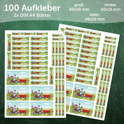 SEO. Schuletiketten mit Namen - Traktor Design - 100 Aufkleber in verschiedenen Größen - Linkreich