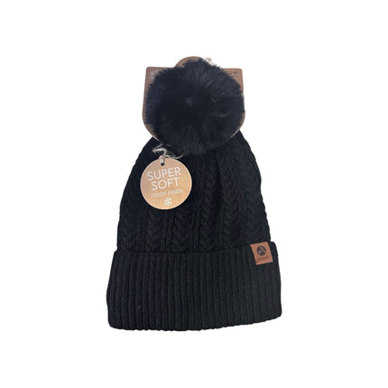 Winter Damen Mütze » Bommelmütze Nora Mit Teddy » Strickmütze mit Flechtoptik » Wintermütze mit Bommel