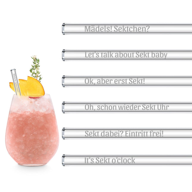 SEO. Sekt Sprüche gravierte Glasstrohhalme mit 6 lustigen Sektchen Trinksprüchen - 15 cm Linkreich
