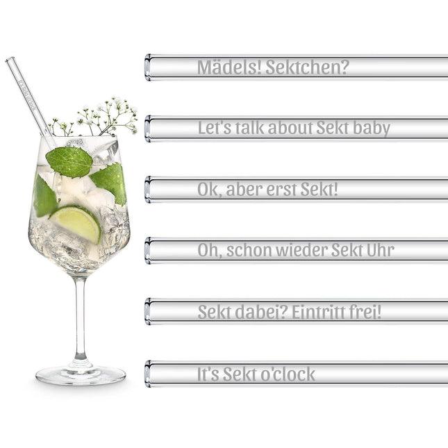 Sekt Sprüche gravierte Glasstrohhalme mit 6 lustigen Sektchen Trinksprüchen (Glastrinkhalme) kaufen bei Linkreich – Jetzt entdecken!