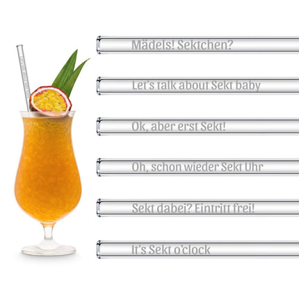SEO. Sekt Sprüche gravierte Glasstrohhalme mit 6 lustigen Sektchen Trinksprüchen - 23 cm Linkreich