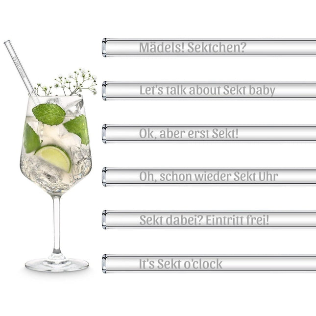 SEO. Sekt Sprüche gravierte Glasstrohhalme mit 6 lustigen Sektchen Trinksprüchen - 20 cm Linkreich
