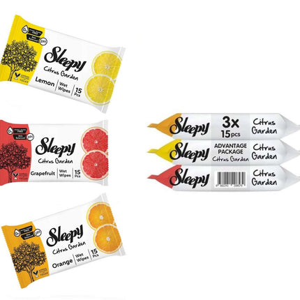 Sleepy Citrus Garden Feuchttücher – 3 Sorten (Lemon, Grapefruit, Orange) im Vorteilspack 3×15 Stück (Feuchttücher To Go) kaufen bei Linkreich – Jetzt entdecken!