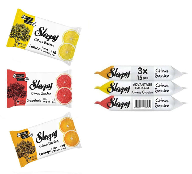 Sleepy Citrus Garden Feuchttücher – 3 Sorten (Lemon, Grapefruit, Orange) im Vorteilspack 3×15 Stück (Feuchttücher To Go) kaufen bei Linkreich – Jetzt entdecken!