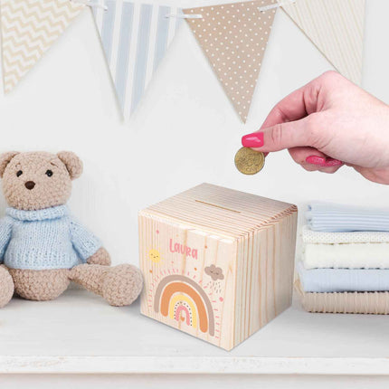 SEO. Spardose aus Holz - Regenbogen Pastell - Linkreich