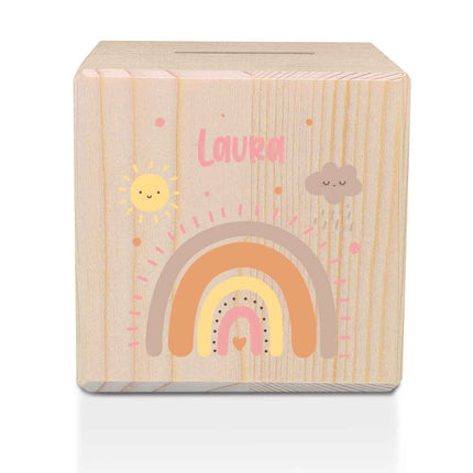 SEO. Spardose aus Holz - Regenbogen Pastell - Linkreich