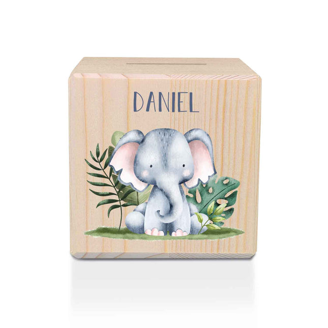 SEO. Spardose aus Holz - Safari Tiere - Elefant Linkreich