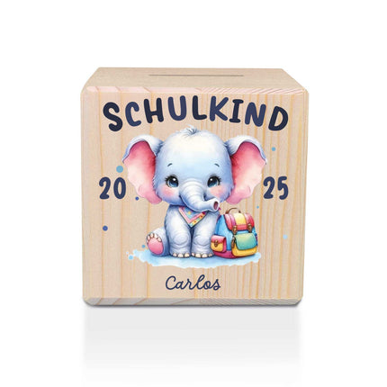 SEO. Spardose aus Holz - Schulkind - Elefant Linkreich
