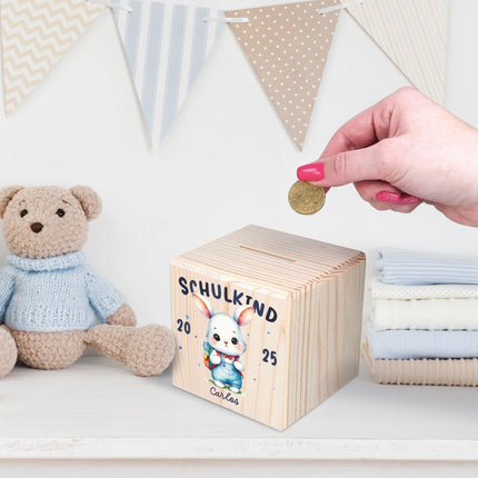 SEO. Spardose aus Holz - Schulkind - Kaninchen blau Linkreich