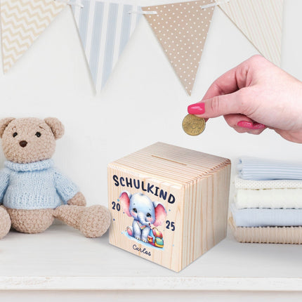 SEO. Spardose aus Holz - Schulkind - Elefant Linkreich