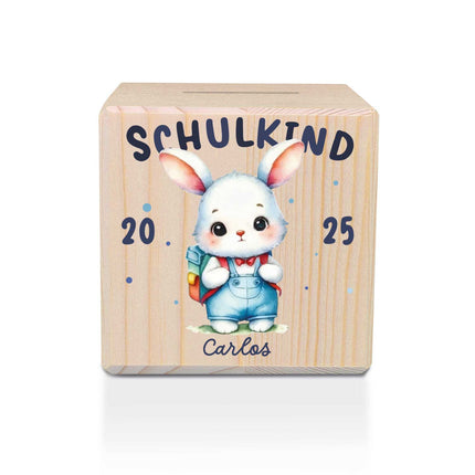 SEO. Spardose aus Holz - Schulkind - Kaninchen blau Linkreich